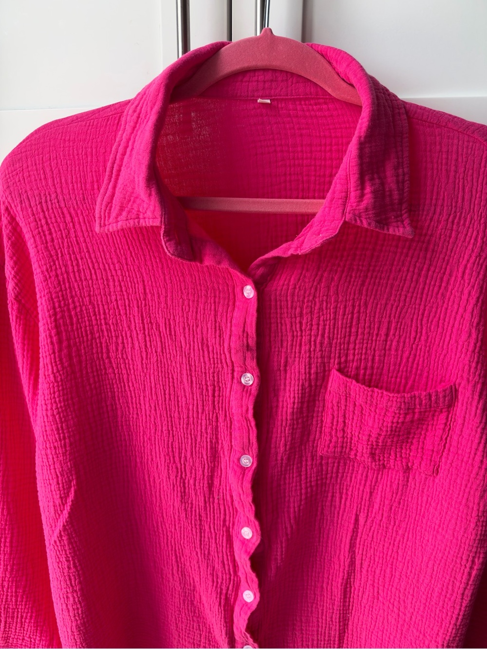 Hot Pink Cotton Gauze Button-Down Shirt | XL | Resort Beach Cover-Up - Picture 2 of 6
